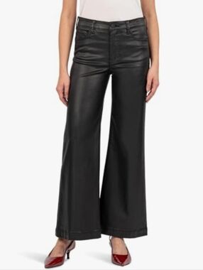 Kut From The Kloth Meg Fab Ab Wide Leg Coated Black Ankle Pants Women's 2 Metro